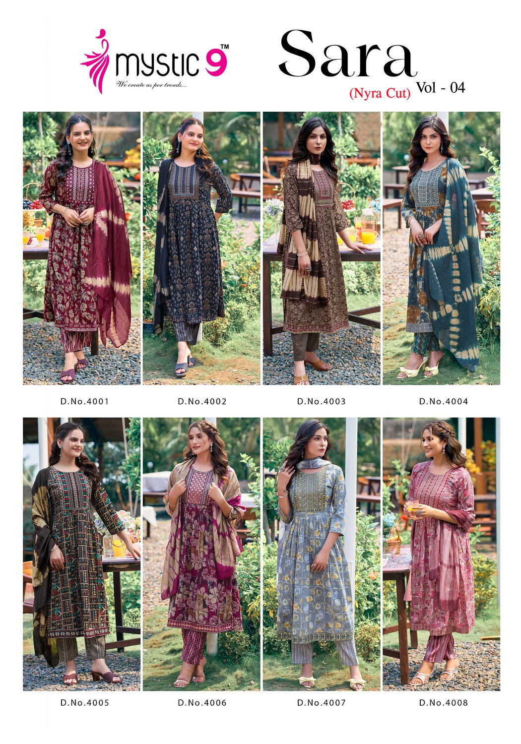 Sara Vol 4 By Mystic 9 Naira Cut Rayon Printed Kurti With Bottom Dupatta Wholesalers In Delhi
